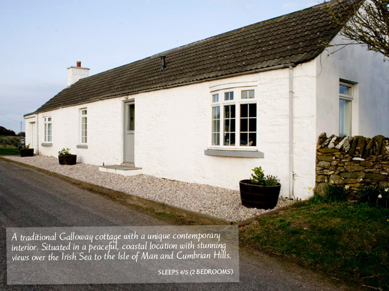 A traditional Galloway cottage with a unique contemporary interior. Situated in a peaceful, coastal location with stunning views over the Irish Sea to the Isle of Man and Cumbrian Hills.